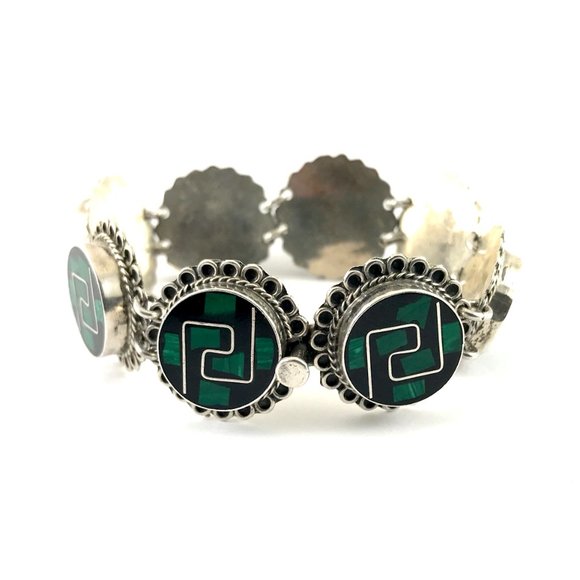 Vintage Mexico TO-68 Sterling Silver 925 Malachite Bracelet - Picture 2 of 3